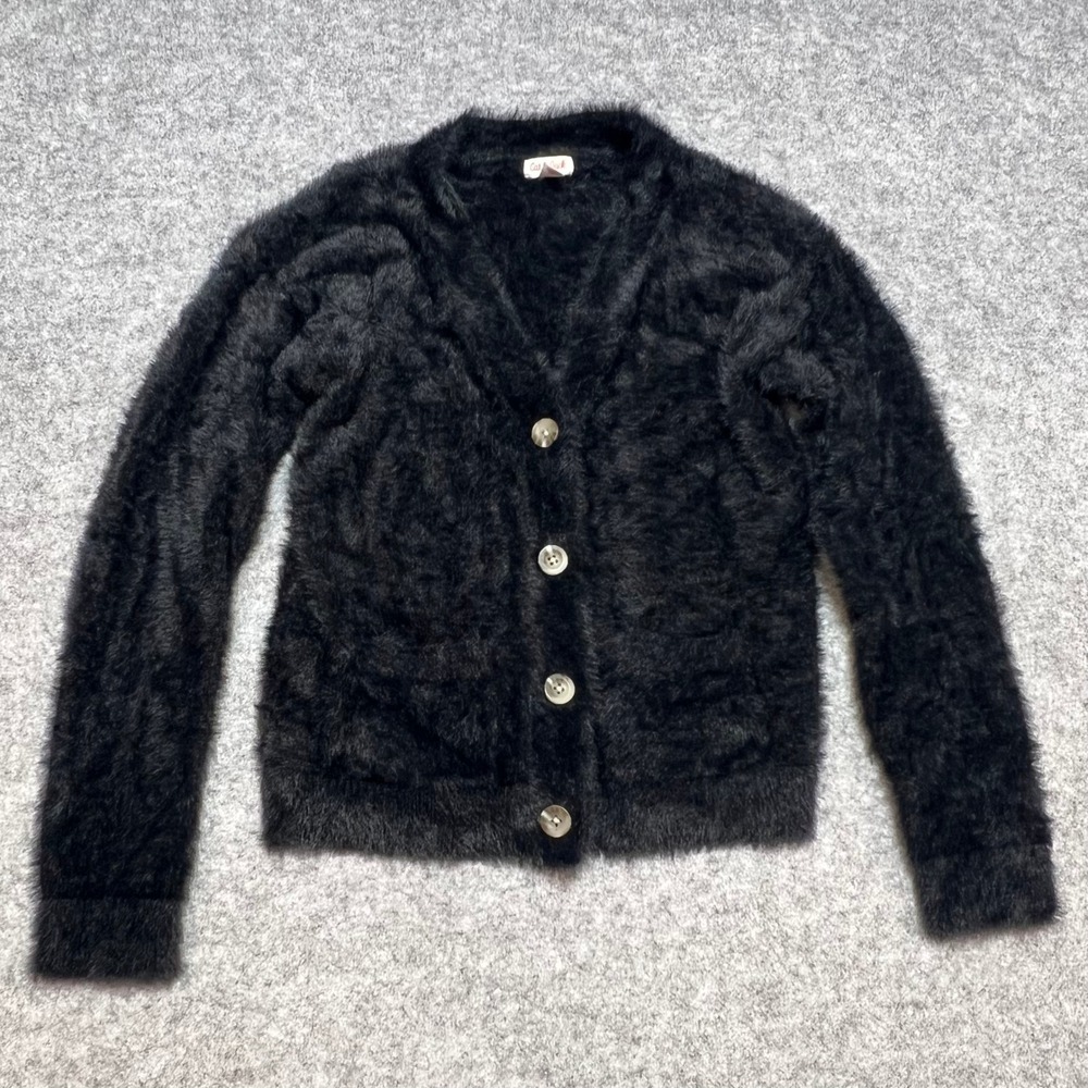 Cat & Jack Girls Black Eyelash Knit Fuzzy Button Front Cardigan Sweater L 10/12